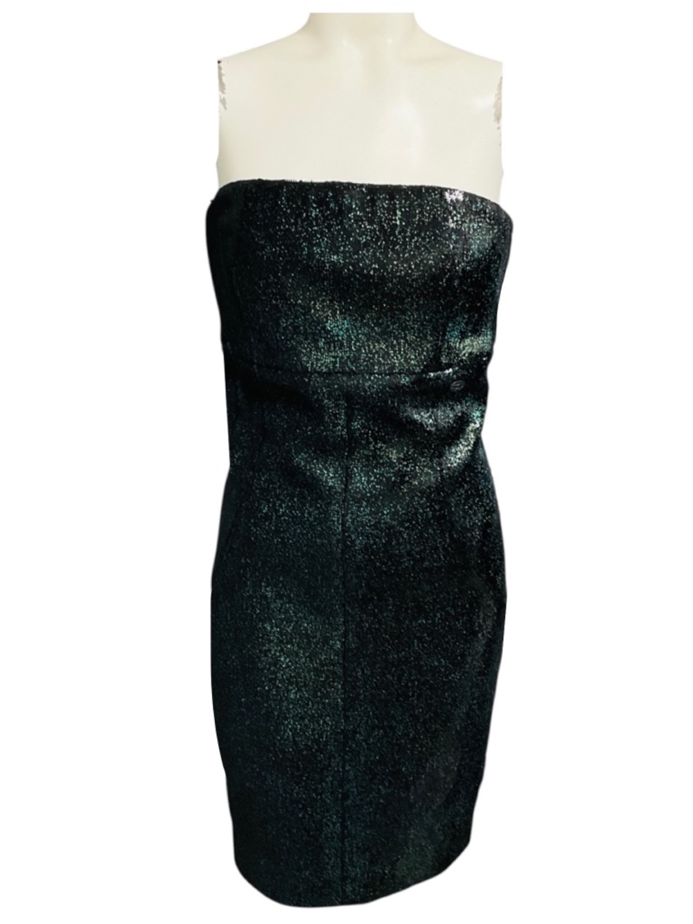 CHANEL GREEN IRIDESCENT SEQUINED STRAPLESS MINI COCKTAIL DRESS WITH CC LOGO PLAT